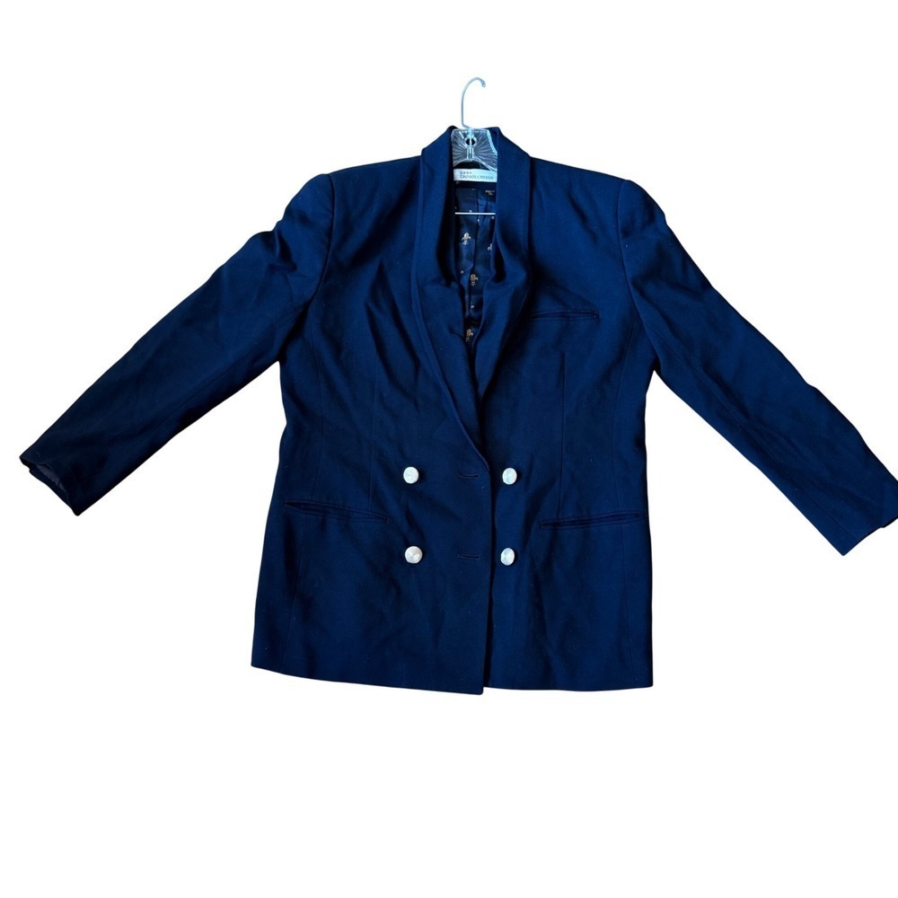 DANA BUCHMAN Navy Wool Double Breasted Blazer Shawl Collar Elegant Women's 14